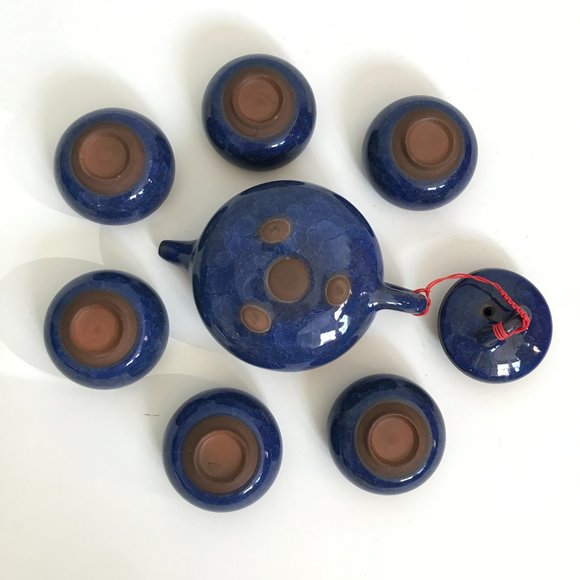 Asian Blue Ice Crackle Glazed Terracotta Teapot and Tea Cup Set - 7 Pieces - Picture 4 of 11